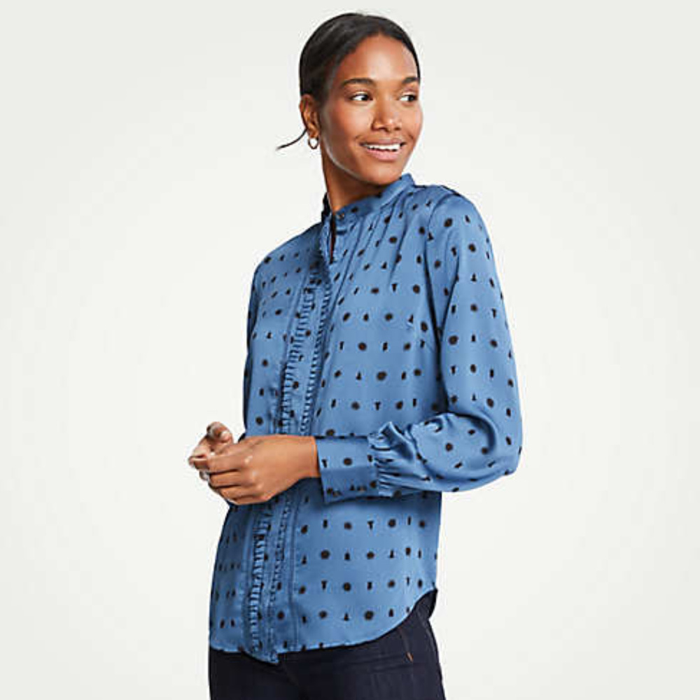 SOLD Ann Taylor Geo Piped Covered Button Blouse - Picture 1 of 7